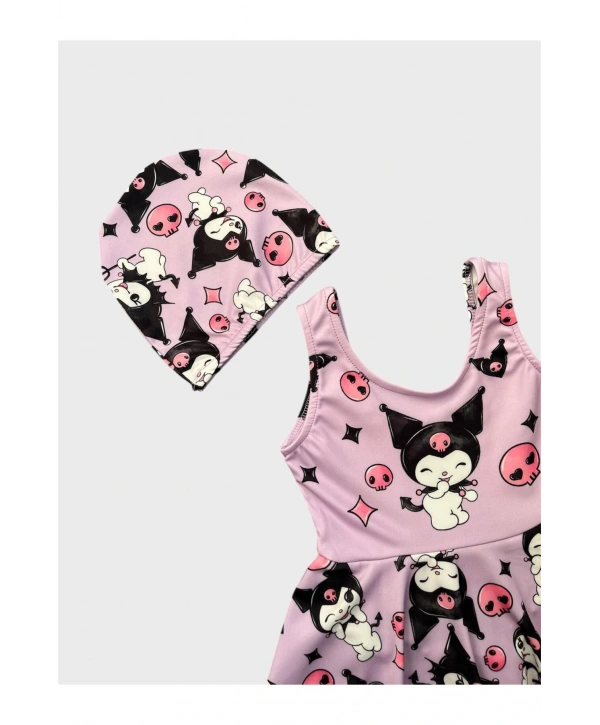 Kız Çocuk Lila Kuromi Desenli Boneli Etekli Mayo