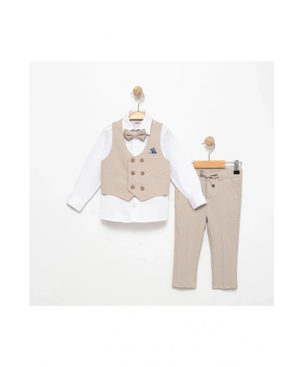 kendinden çizgili yelekli erkek takım elbise / papyonlu yelekli takım / gömlek-yelek-pantolon takım