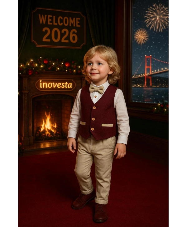 Erkek Bebek&Çocuk Yelekli Takım Elbise / Papyon-Yelek-Gömlek-Pantolon 4Parça |