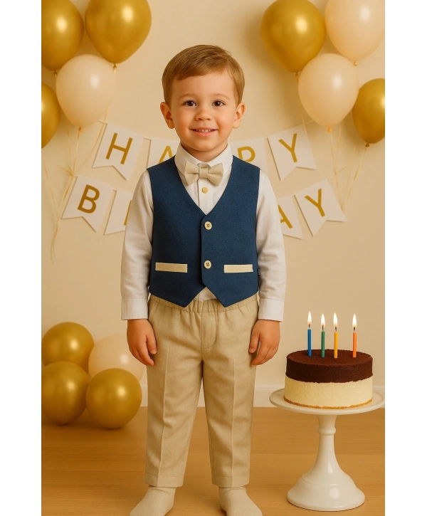 Yelekli Erkek Takım Elbise / Papyonlu Yelekli Takım / Gömlek-yelek-pantolon Takım