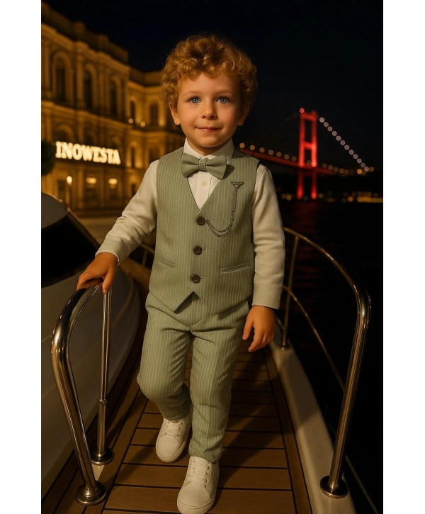 Erkek Bebek Ve Çocuk Yelekli Takım Elbise | Gömlek-Yelek-Papyon-Pantolon| 4parça Takım