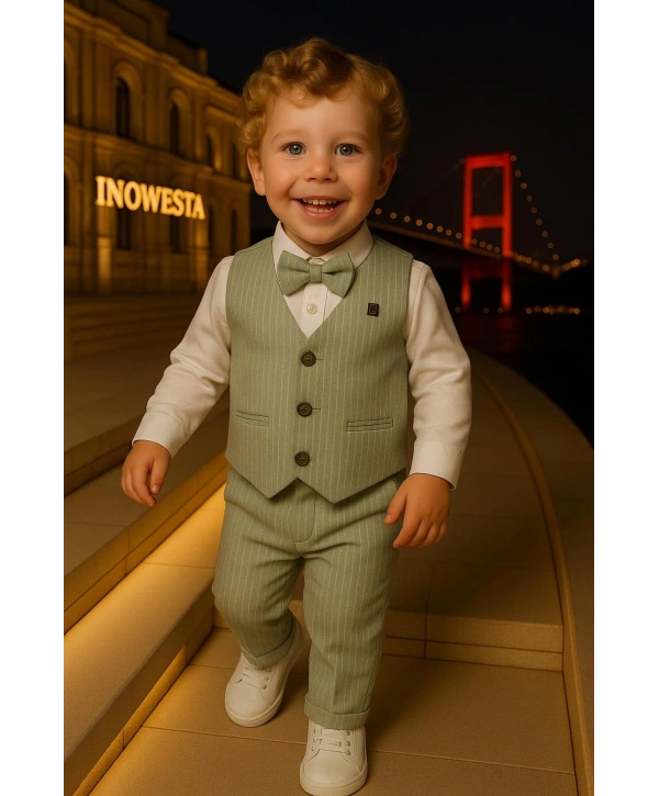 Erkek Bebek Ve Çocuk Yelekli Takım Elbise | Gömlek-Yelek-Papyon-Pantolon| 4parça Takım