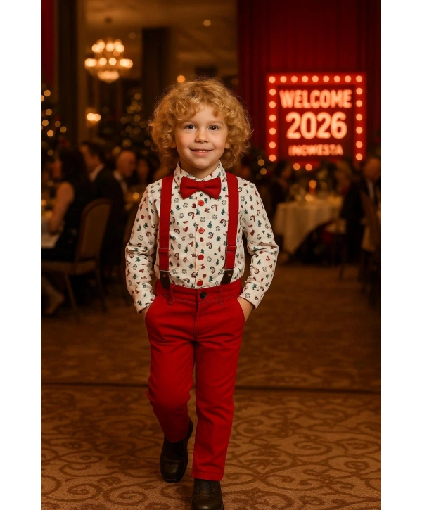 Bebek&Çocuk Yılbaşı Özel Salopet Takım Gömlek Pantolon Papyon-4Parça