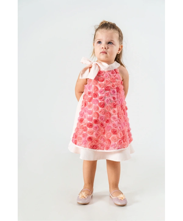 PEMBE GÜLLÜ KIZ ÇOCUK DOĞUM GÜNÜ VE ÖZEL GÜN ELBİSESİ