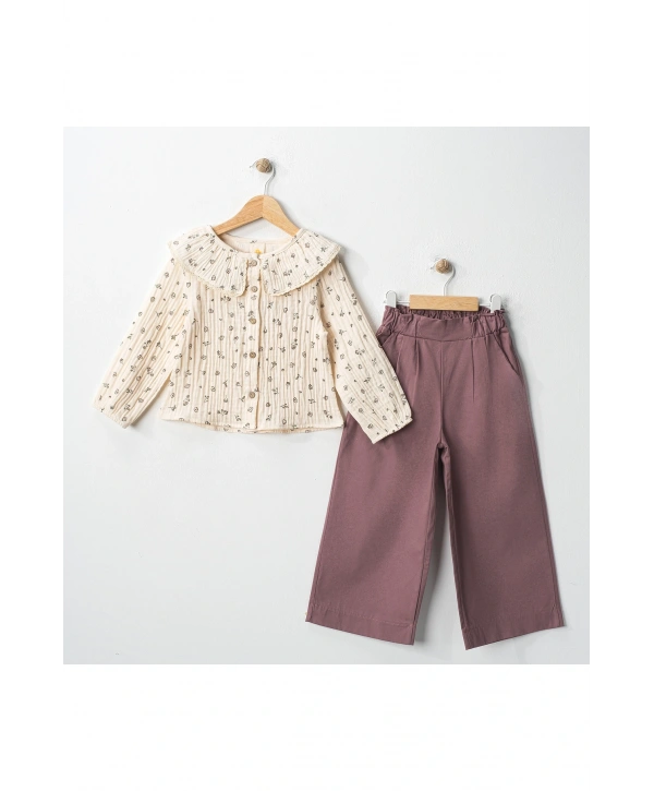 Bebe Yaka Müslin Gömlek Lastikli Bel Kanvas Pantolon Takım