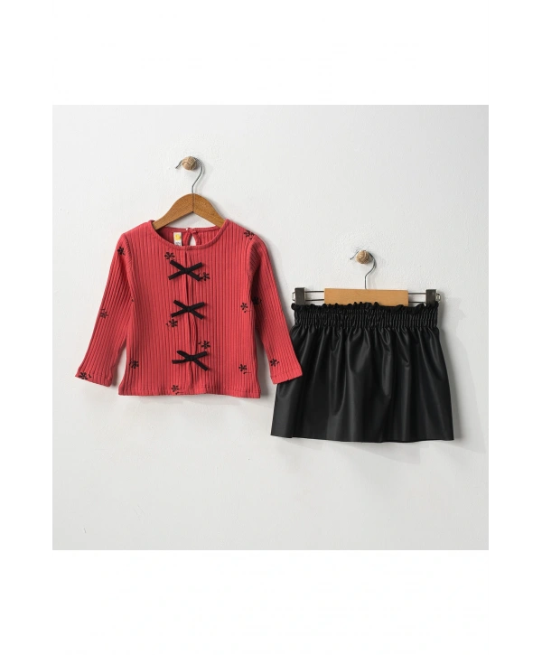 Deri Etek Fitilli Bisiklet Yaka Fiyonk Detaylı Bluz Takım