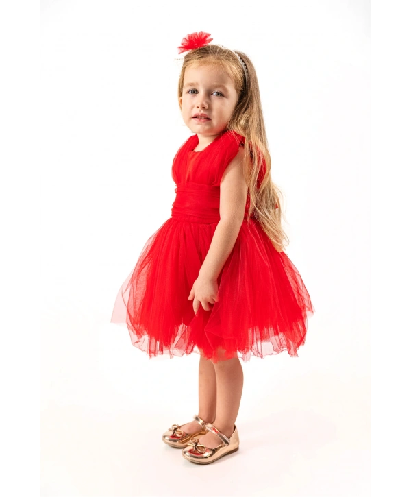 Kare Yaka Tütü Tüllü Kız Çocuk Elbise