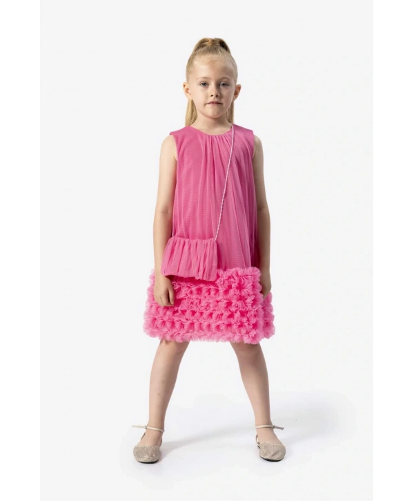 Yakadan Büzgülü Tül Kız Çocuk Elbisesi