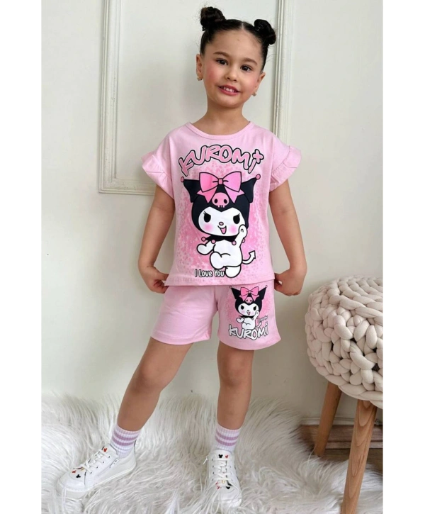 Kuromi Baskılı Alt Üst T-Shirt Şort Takım. Yazlık şortlu takım. % 100 Pamuk Alt Üst Takım