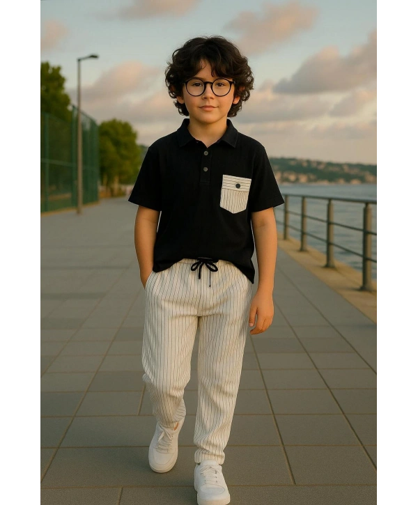 Müslin Polo Yaka Pumuklu Kumaş Jogger Pantolon Rahat Kendiliğinden Çizgili Spor 2’li Takım Yazlık