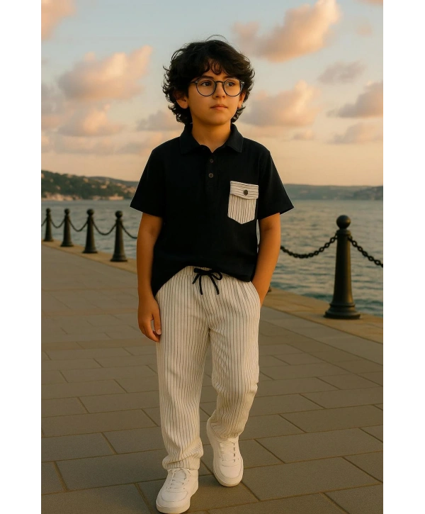 Müslin Polo Yaka Pumuklu Kumaş Jogger Pantolon Rahat Kendiliğinden Çizgili Spor 2’li Takım Yazlık