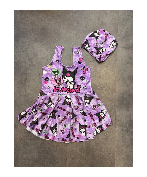 Kız çocuk kuromi mor boneli etekli mayo bikini