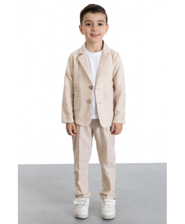 Krem Keten Ceketli ve Pantolonlu Basic Tişörtlü Erkek Çocuk 3lü Takım Elbise 21118