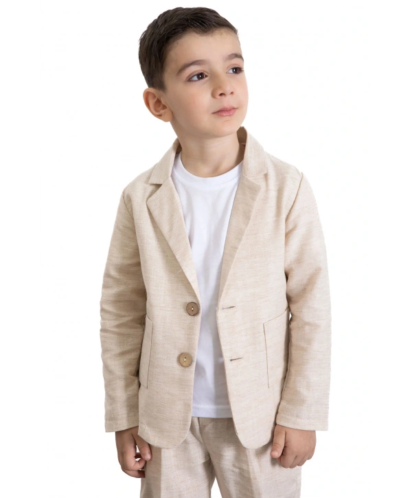 Krem Keten Ceketli ve Pantolonlu Basic Tişörtlü Erkek Çocuk 3lü Takım Elbise 21118