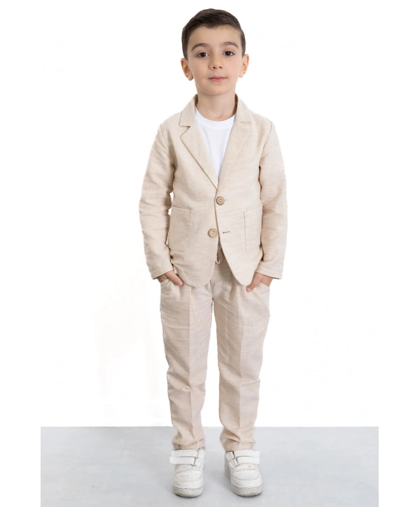 Krem Keten Ceketli ve Pantolonlu Basic Tişörtlü Erkek Çocuk 3lü Takım Elbise 21118
