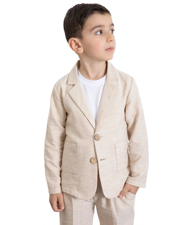 Krem Keten Ceketli ve Pantolonlu Basic Tişörtlü Erkek Çocuk 3lü Takım Elbise 21118