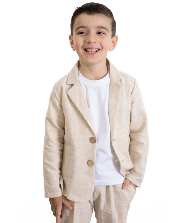 Krem Keten Ceketli ve Pantolonlu Basic Tişörtlü Erkek Çocuk 3lü Takım Elbise 21118