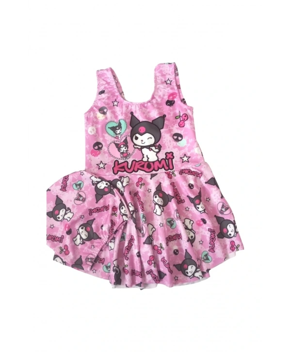 KIZ ÇOCUK KUROMİ BASKILI ELBİSE MAYO BONE TAKIM