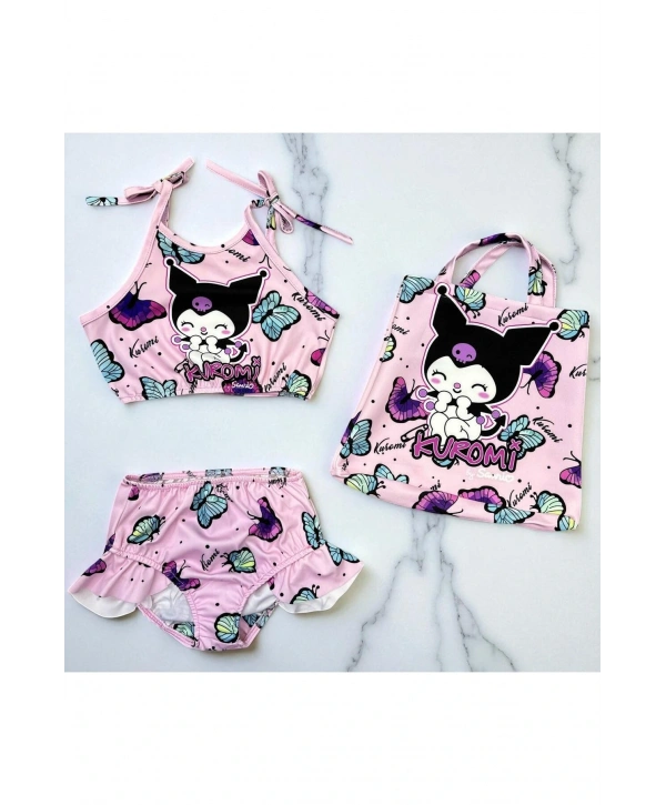 Kız Çocuk karakter Baskılı Eteği Fırfırlı- ip bağlamalı ÇANTA Mayo Bikini 3 lü Takım