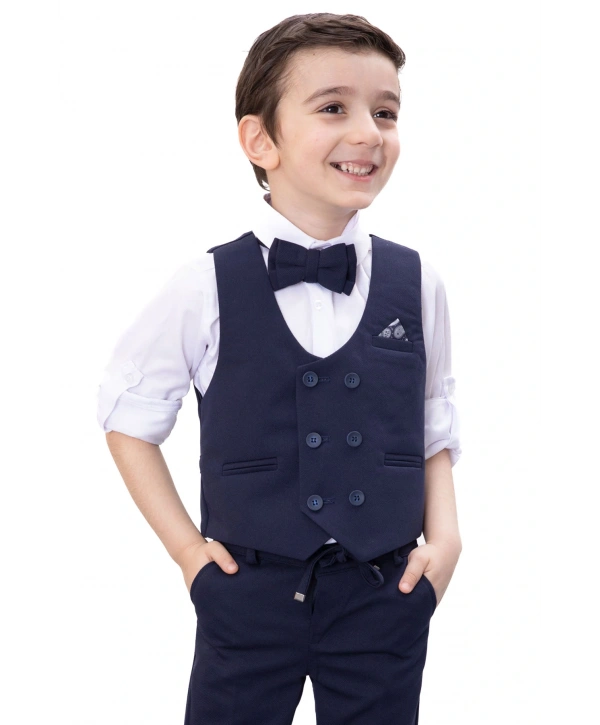 Lacivert Düğmeli Yelekli Papyonlu Gömlekli Erkek Çocuk 4lü Takım Elbise 20543