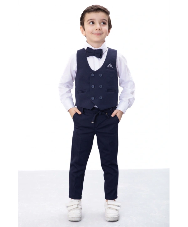 Lacivert Düğmeli Yelekli Papyonlu Gömlekli Erkek Çocuk 4lü Takım Elbise 20543