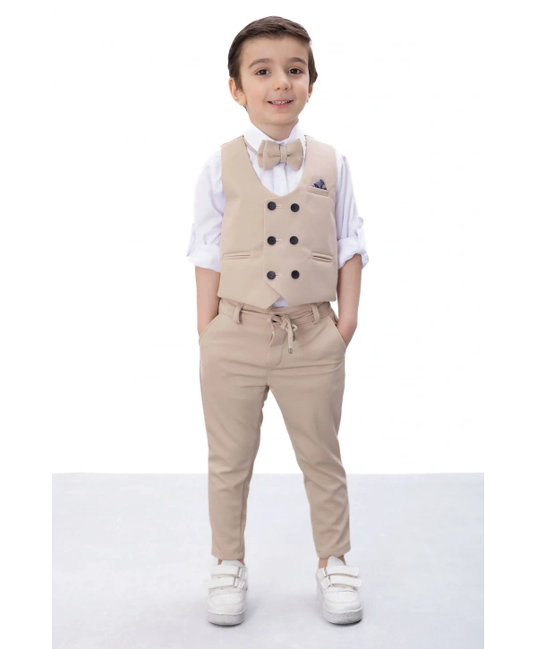 Bej Düğmeli Yelekli Papyonlu Gömlekli Erkek Çocuk 4lü Takım Elbise 20545