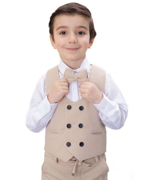 Bej Düğmeli Yelekli Papyonlu Gömlekli Erkek Çocuk 4lü Takım Elbise 20545