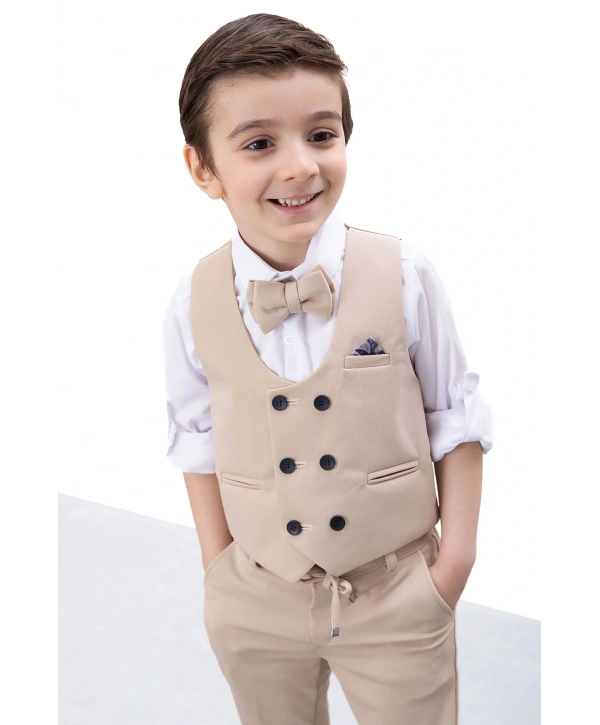 Bej Düğmeli Yelekli Papyonlu Gömlekli Erkek Çocuk 4lü Takım Elbise 20545