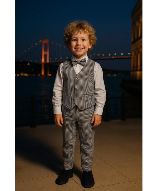 Yelekli Erkek takım elbise / papyonlu yelekli takım / Gömlek-Yelek-Pantolon 3Lü TAKIM