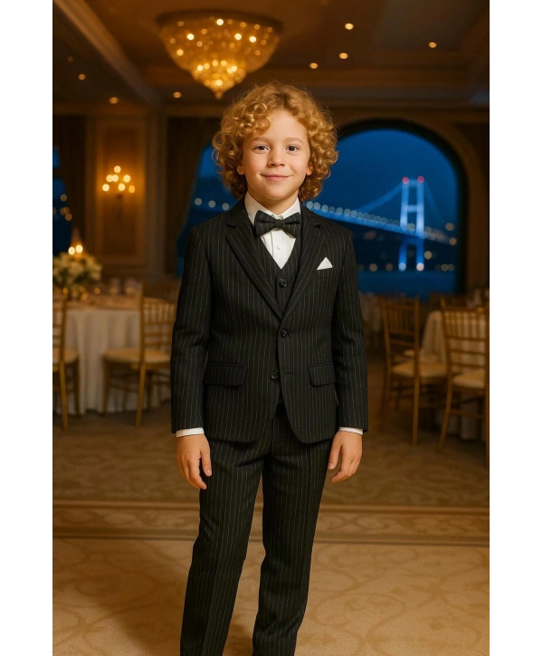 Erkek Çocuk Ceket Gömlek Yelek Pantolon 4Lü Papyonlu Çizgili Takım Elbise