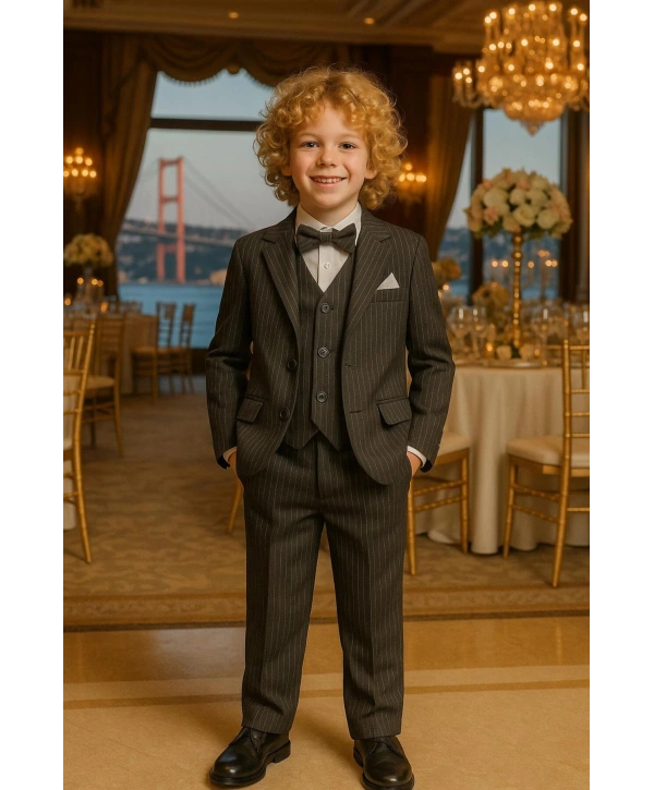 Erkek Çocuk Ceket Gömlek Yelek Pantolon 4Lü Papyonlu Çizgili Takım Elbise