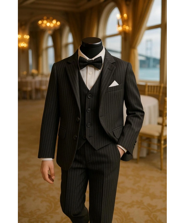 Erkek Çocuk Ceket Gömlek Yelek Pantolon 4Lü Papyonlu Çizgili Takım Elbise