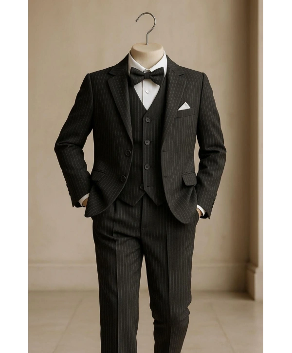 Erkek Çocuk Ceket Gömlek Yelek Pantolon 4Lü Papyonlu Çizgili Takım Elbise