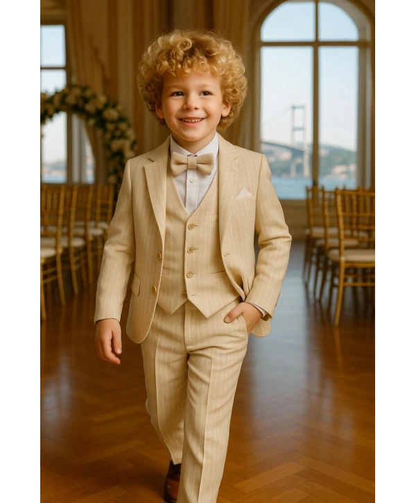 Erkek Çocuk Ceket Gömlek Yelek Pantolon 4Lü Papyonlu Çizgili Takım Elbise