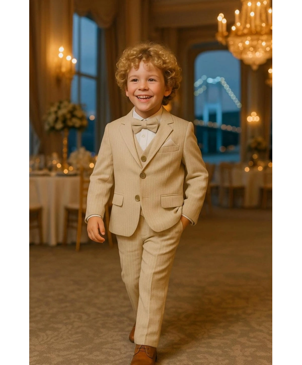 Erkek Çocuk Ceket Gömlek Yelek Pantolon 4Lü Papyonlu Çizgili Takım Elbise