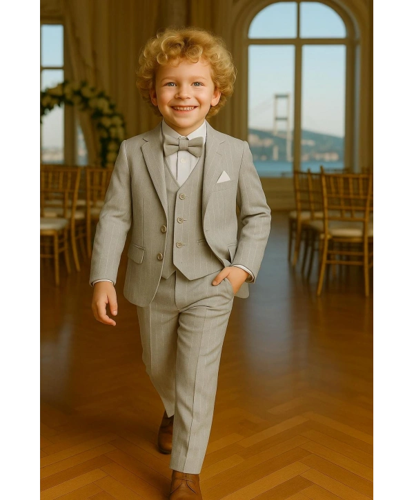 Erkek Çocuk Ceket Gömlek Yelek Pantolon 4Lü Papyonlu Çizgili Takım Elbise