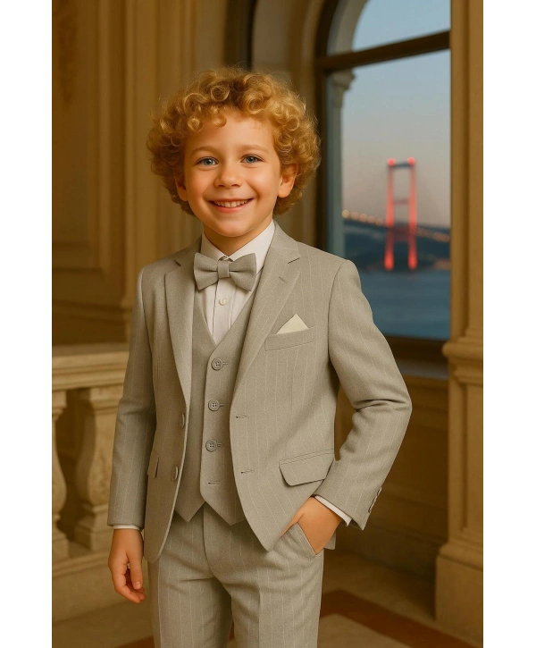 Erkek Çocuk Ceket Gömlek Yelek Pantolon 4Lü Papyonlu Çizgili Takım Elbise