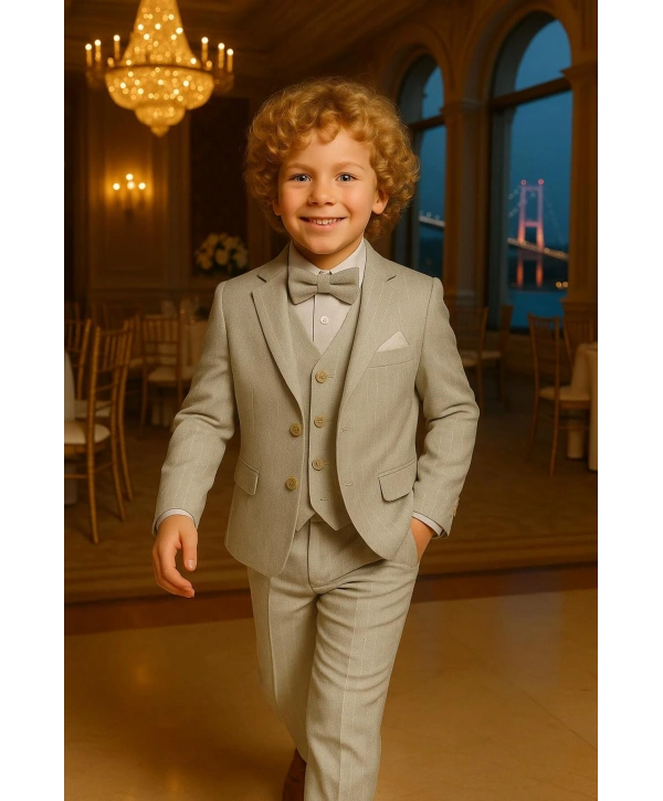 Erkek Çocuk Ceket Gömlek Yelek Pantolon 4Lü Papyonlu Çizgili Takım Elbise