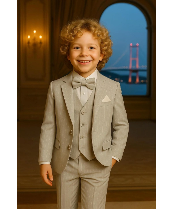 Erkek Çocuk Ceket Gömlek Yelek Pantolon 4Lü Papyonlu Çizgili Takım Elbise