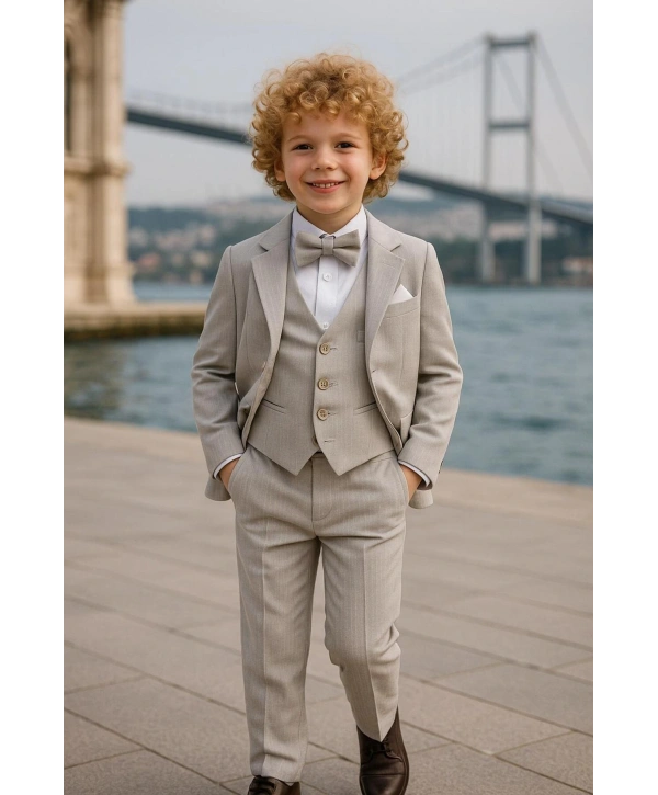 Erkek Çocuk Ceket Gömlek Yelek Pantolon 4Lü Papyonlu Çizgili Takım Elbise