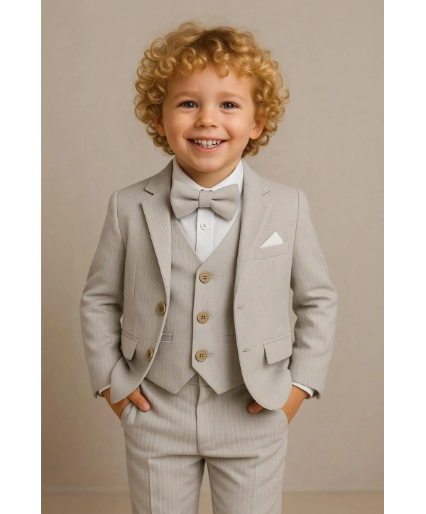 Erkek Çocuk Ceket Gömlek Yelek Pantolon 4Lü Papyonlu Çizgili Takım Elbise