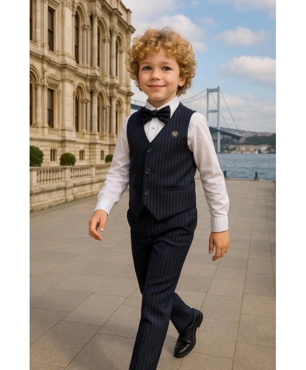 Erkek Çocuk Yelekli Takım Elbise | Gömlek-Yelek-Papyon-Pantolon| 4parça Takım