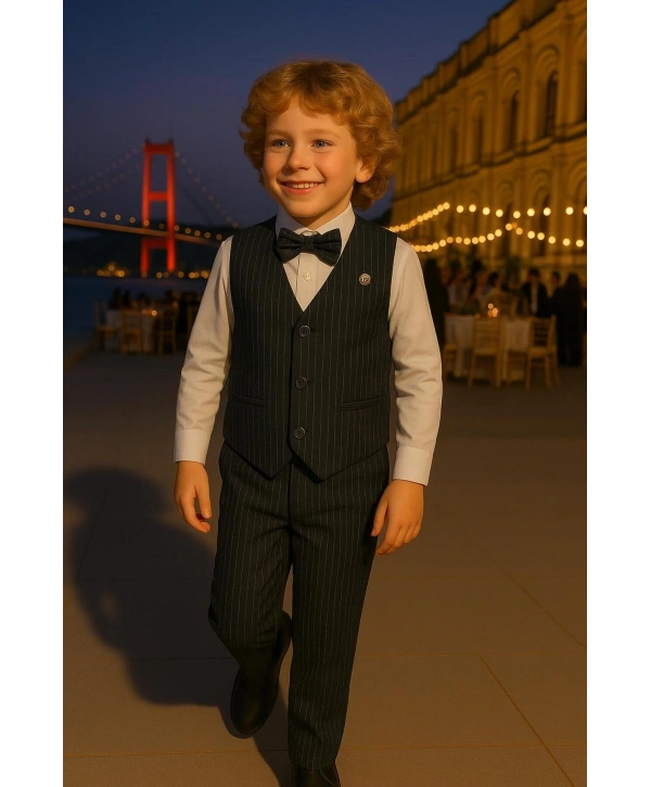 Erkek Çocuk Yelekli Takım Elbise | Gömlek-Yelek-Papyon-Pantolon| 4parça Takım