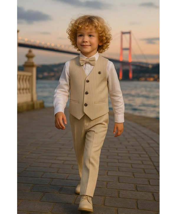 Erkek Çocuk Yelekli Takım Elbise | Gömlek-Yelek-Papyon-Pantolon| 4parça Takım