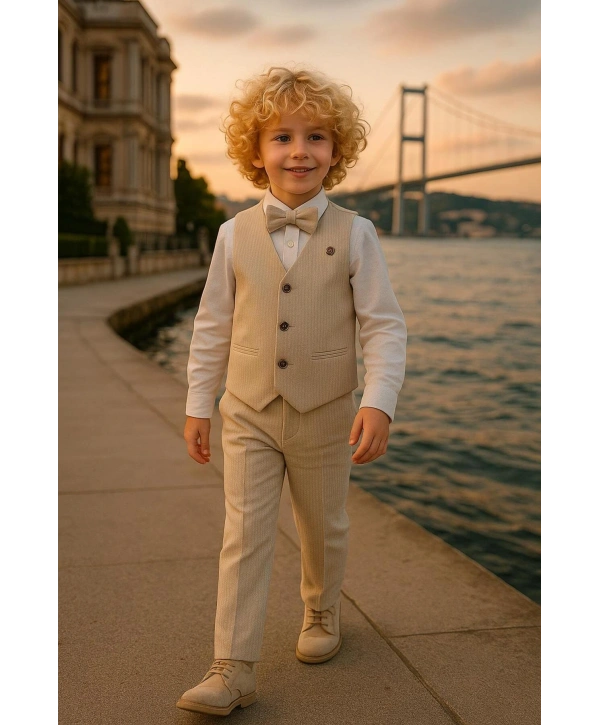 Erkek Çocuk Yelekli Takım Elbise | Gömlek-Yelek-Papyon-Pantolon| 4parça Takım