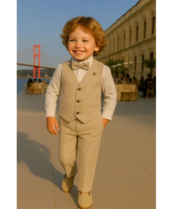 Erkek Çocuk Yelekli Takım Elbise | Gömlek-Yelek-Papyon-Pantolon| 4parça Takım