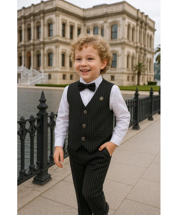 Erkek Çocuk Yelekli Takım Elbise | Gömlek-Yelek-Papyon-Pantolon| 4parça Takım