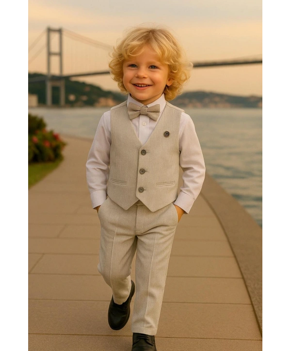 Erkek Çocuk Yelekli Takım Elbise | Gömlek-Yelek-Papyon-Pantolon| 4parça Takım