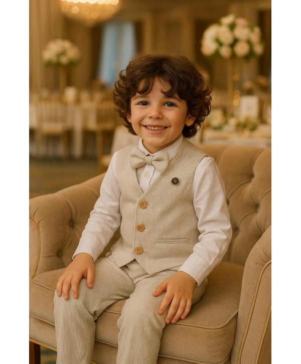 Erkek Çocuk Yelekli Takım Elbise | Gömlek-Yelek-Papyon-Pantolon| 4parça Takım