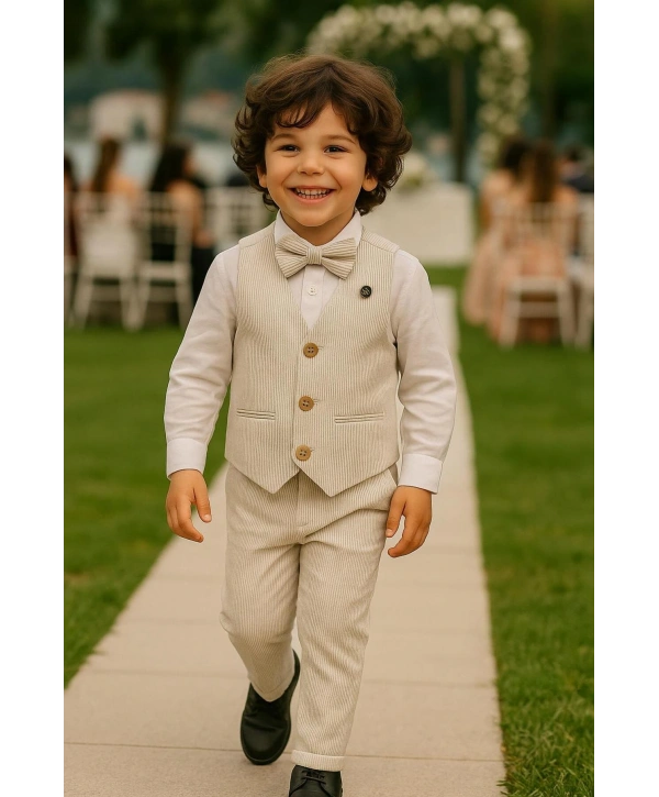 Erkek Çocuk Yelekli Takım Elbise | Gömlek-Yelek-Papyon-Pantolon| 4parça Takım